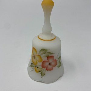 Fenton Satin Custard Glass Bell Hainpainted Floral Matte Finish Signed By Artist